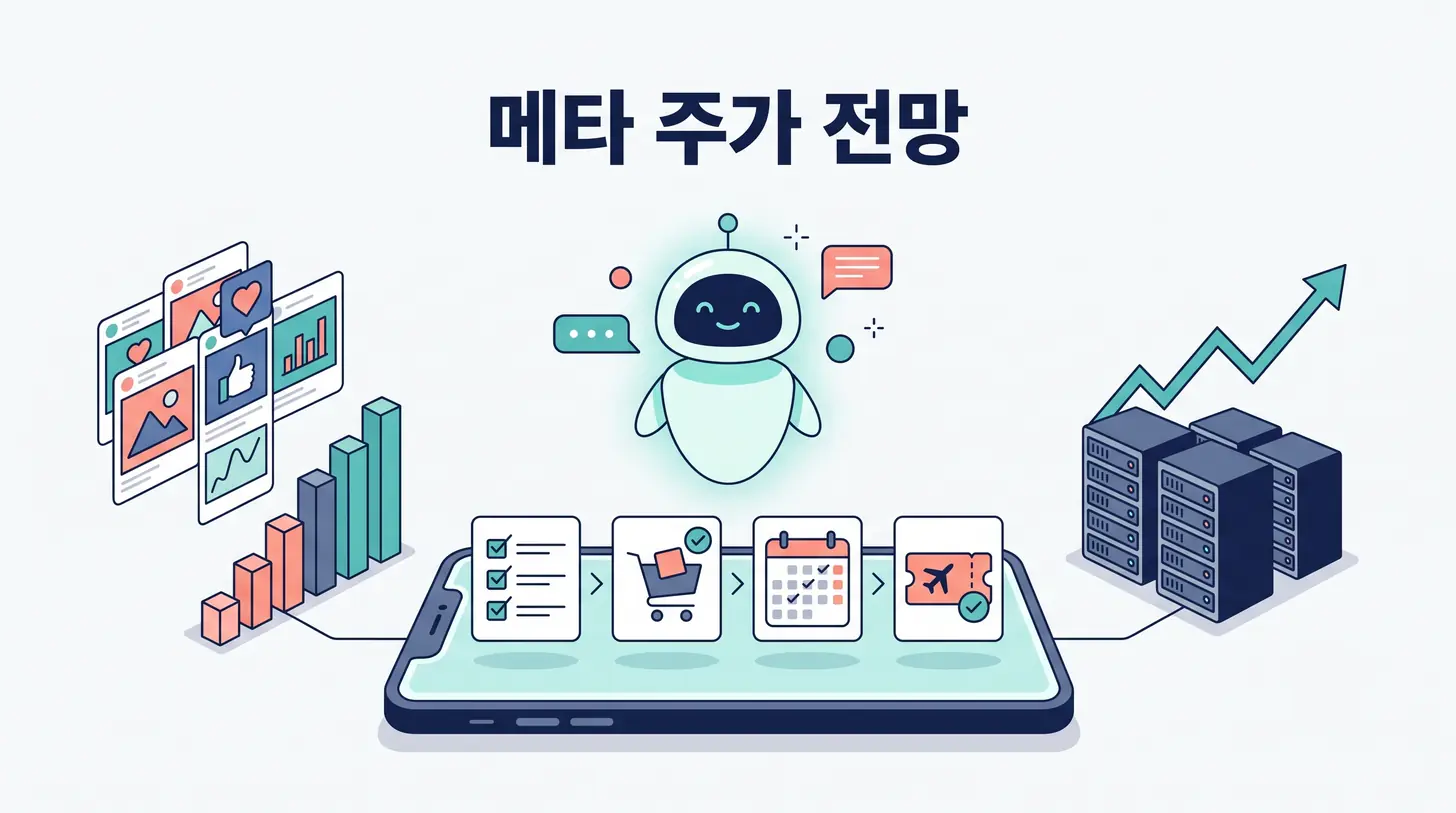 메타 주가 전망 대표 이미지. 가운데 AI 에이전트 캐릭터가 스마트폰 속 체크리스트·장바구니·일정·여행 예약 작업을 차례로 처리하고, 왼쪽에는 광고 카드와 상승하는 막대그래프, 오른쪽에는 서버가 늘어선 데이터센터와 우상향 주가 그래프를 배치했다. 메타의 광고 매출 성장, AI 에이전트 뮤즈 흥행, 증권사 목표주가를 정리한 글의 대표 이미지