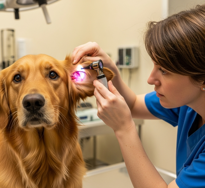 강아지 귀를 확인하며 외이염 초기 증상을 살펴보는 모습의 이미지