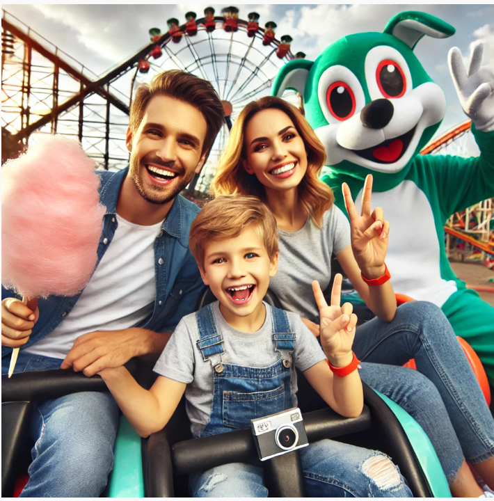 유럽의 놀이동산으로 여행 간 가족 사진