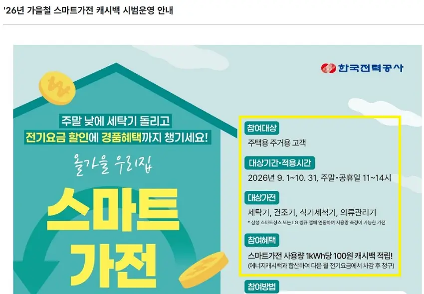 한전 스마트가전 캐시백 운영 안내 화면