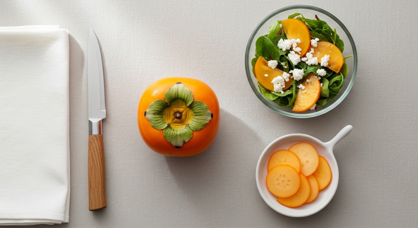 신선한 단감과 함께 샐러드, 차 등 다양하게 활용된 모습. 단감을 활용한 건강한 식탁.