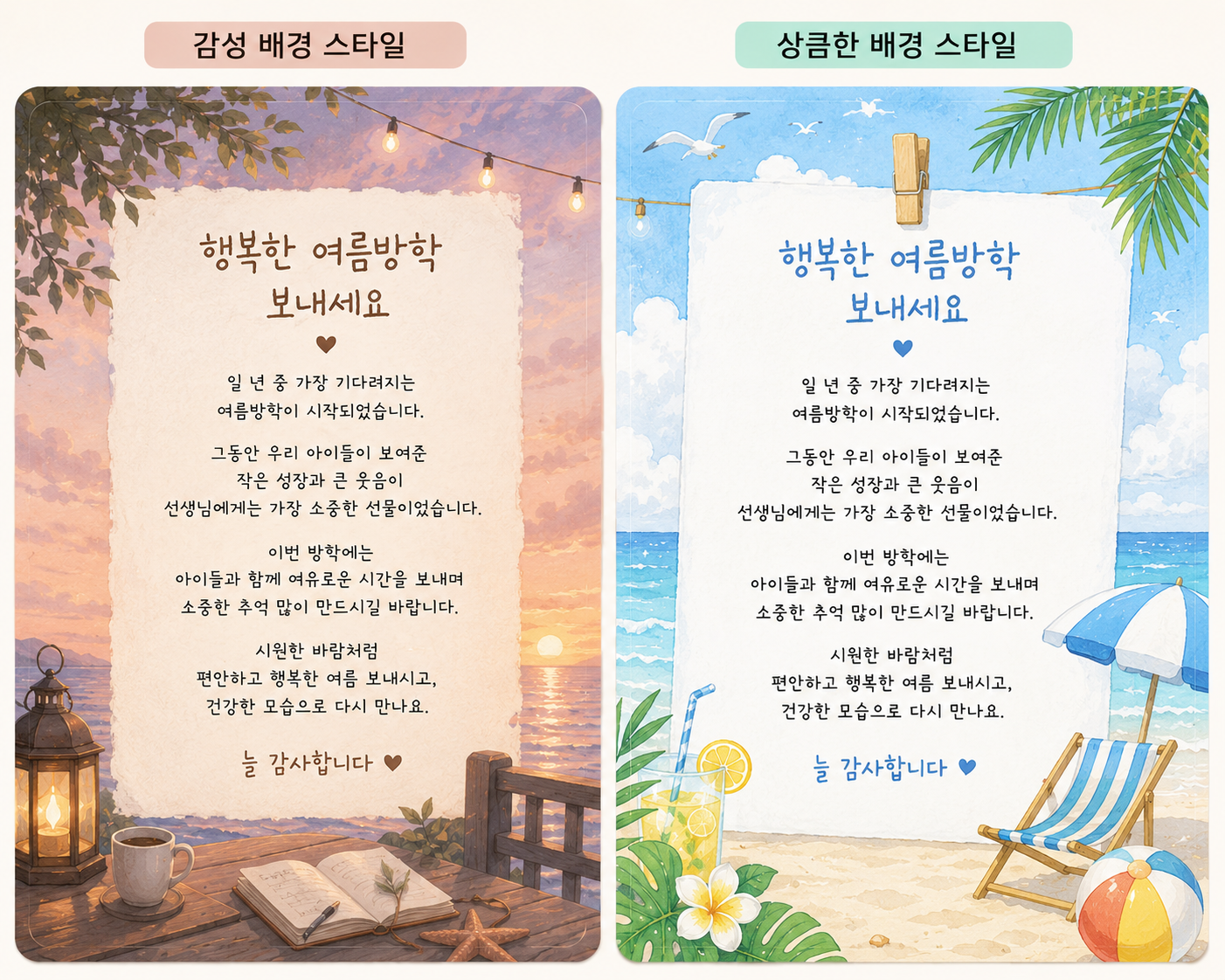 감성 스타일과 상큼 스타일 비교 사진
