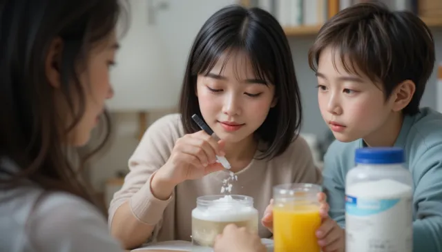 가족을 위해 앨부민을 계량하는 부모의 모습