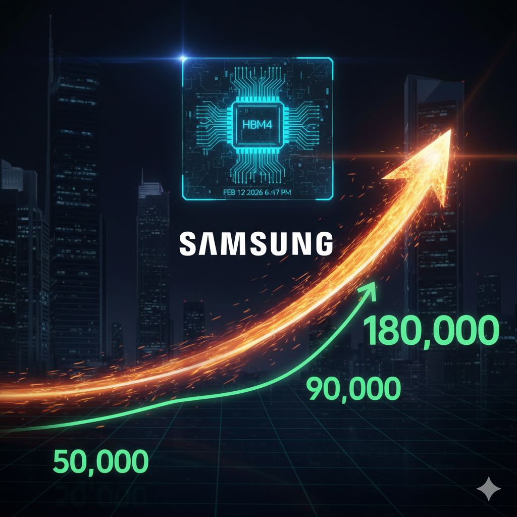 "밤의 도시 마천루를 배경으로 삼성(SAMSUNG) 로고와 HBM4 반도체 칩이 배치되어 있고, 주가가 50,000에서 90,000을 거쳐 180,000까지 급격히 상승하는 불꽃 모양의 화살표 그래프가 그려진 주식 시장 분석 이미지"