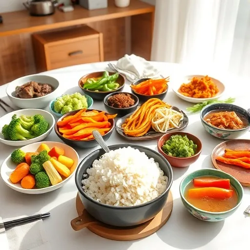 흰쌀밥, 다양한 색깔의 익힌 채소 반찬, 저염 국, 그리고 발효식품 등이 포함된 건강하고 다채로운 한식 식탁이 밝고 활기찬 분위기로 연출됩니다.