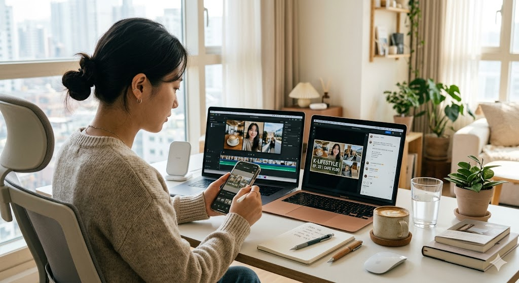 A Korean content creator editing Instagram photos and short-form video thumbnails on a smartphone and laptop at a clean desk. Several lifestyle photos are displayed on the screen, with coffee and small props nearby. Bright apartment interior, realistic everyday creator workflow. realistic photo, natural lighting, clean composition, professional lifestyle photography, high-resolution detail, no text, no logos, no watermarks