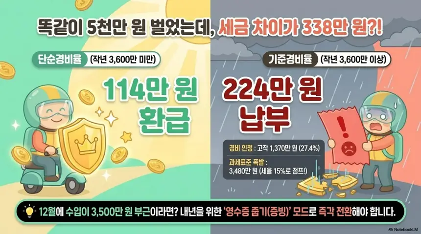 배달라이더 수입별 종합소득세: 똑같이 5천만 원을 벌었는데 세금 차이가 338만 원이라는 문구와 함께 단순경비율 적용 시 114만 원 환급과 기준경비율 적용 시 224만 원 납부를 좌우로 비교하는 인포그래픽. 직전연도 수입이 3600만 원 미만이면 환급이지만 이상이면 경비 인정이 고작 1370만 원으로 줄어 과세표준이 폭발하고 세율이 15%로 점프한다는 배달라이더 경비율 전환의 핵심 차이를 시각적으로 설명하는 이미지