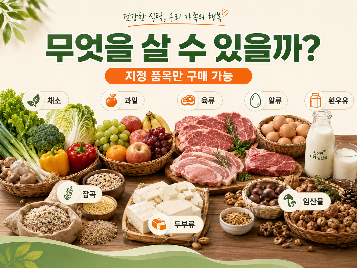 농식품바우처 구매 가능 품목 채소 과일 육류 알류 흰우유 잡곡 두부류 임산물