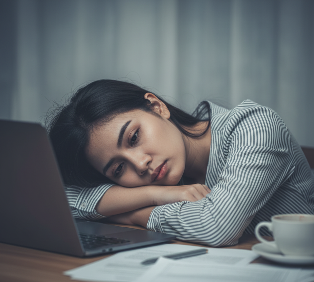 피로한 표정으로 노트북 앞에 앉아 있는 중년 여성