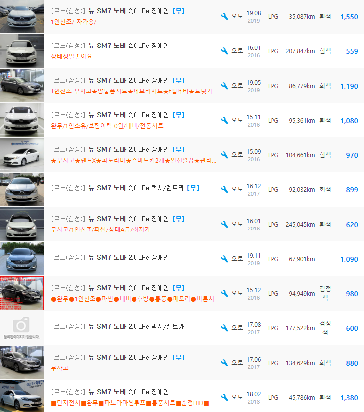 SM7 노바 2.0 LPe 등급 중고차 시세 : 550만원 ~ 1&#44;630만원