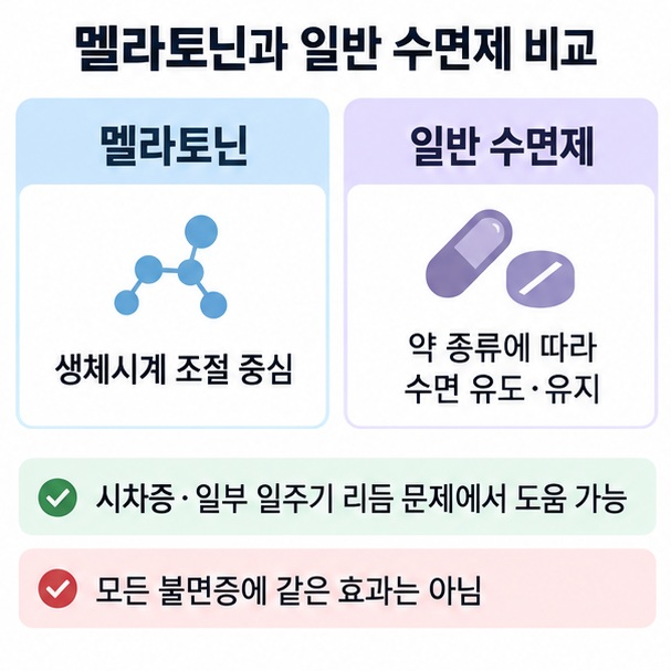 멜라토닌은 생체시계와 수면 타이밍을 조절하고 일반 수면제와 작용 방식이 다르다는 점을 비교한 이미지