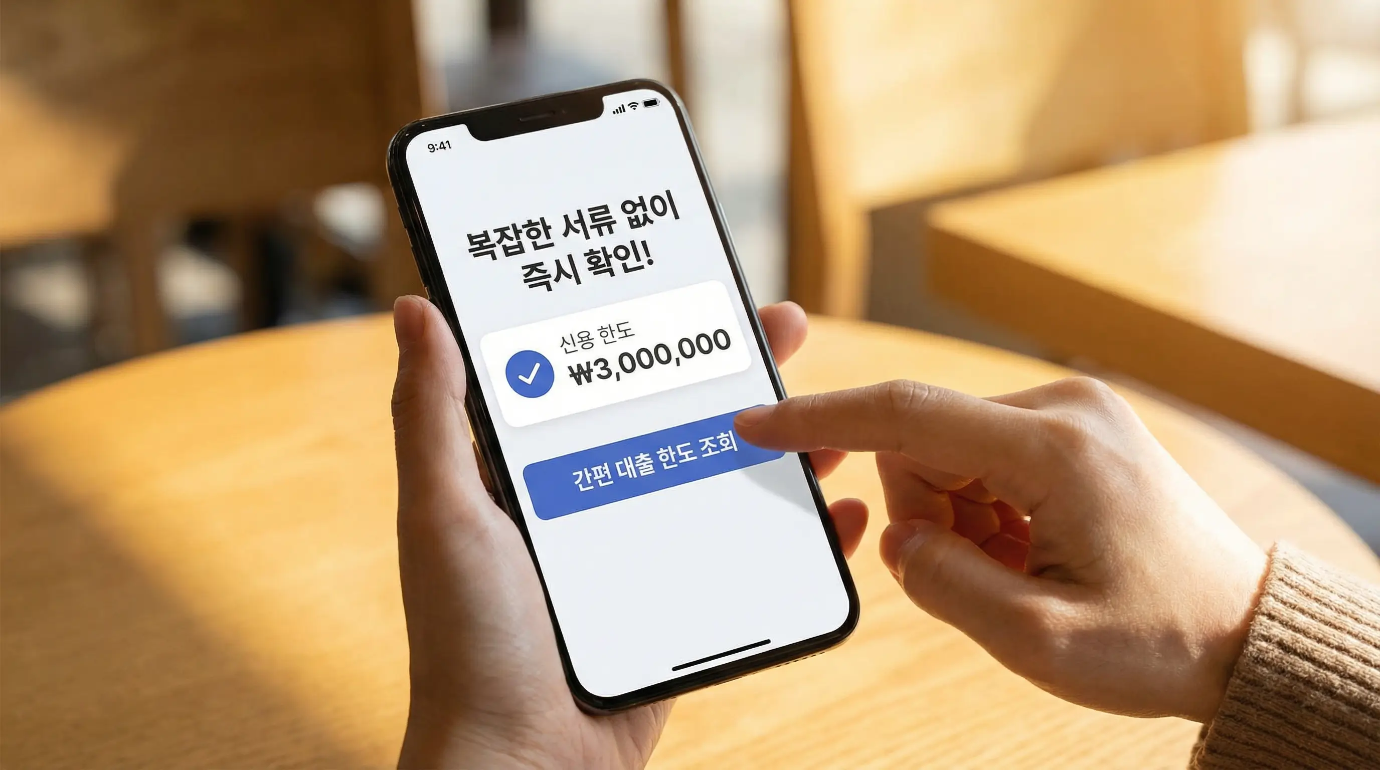 스마트폰 앱을 통해 복잡한 서류 없이 간편하게 소액 대출 한도를 조회하는 손가락 제스처