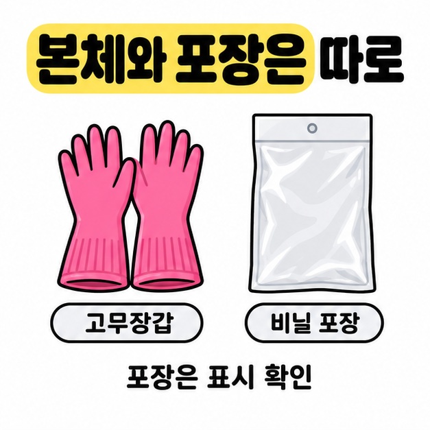 고무장갑 본체와 비어 있는 비닐 포장재를 나란히 놓고 포장의 분리배출 표시를 따로 확인하도록 설명한 그림