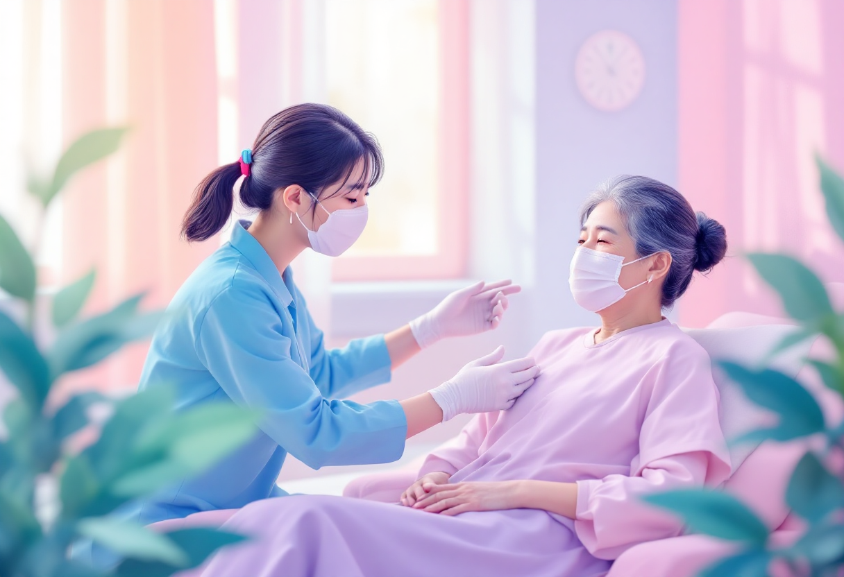 병원에서 요양하고 있는 노인과 간호사