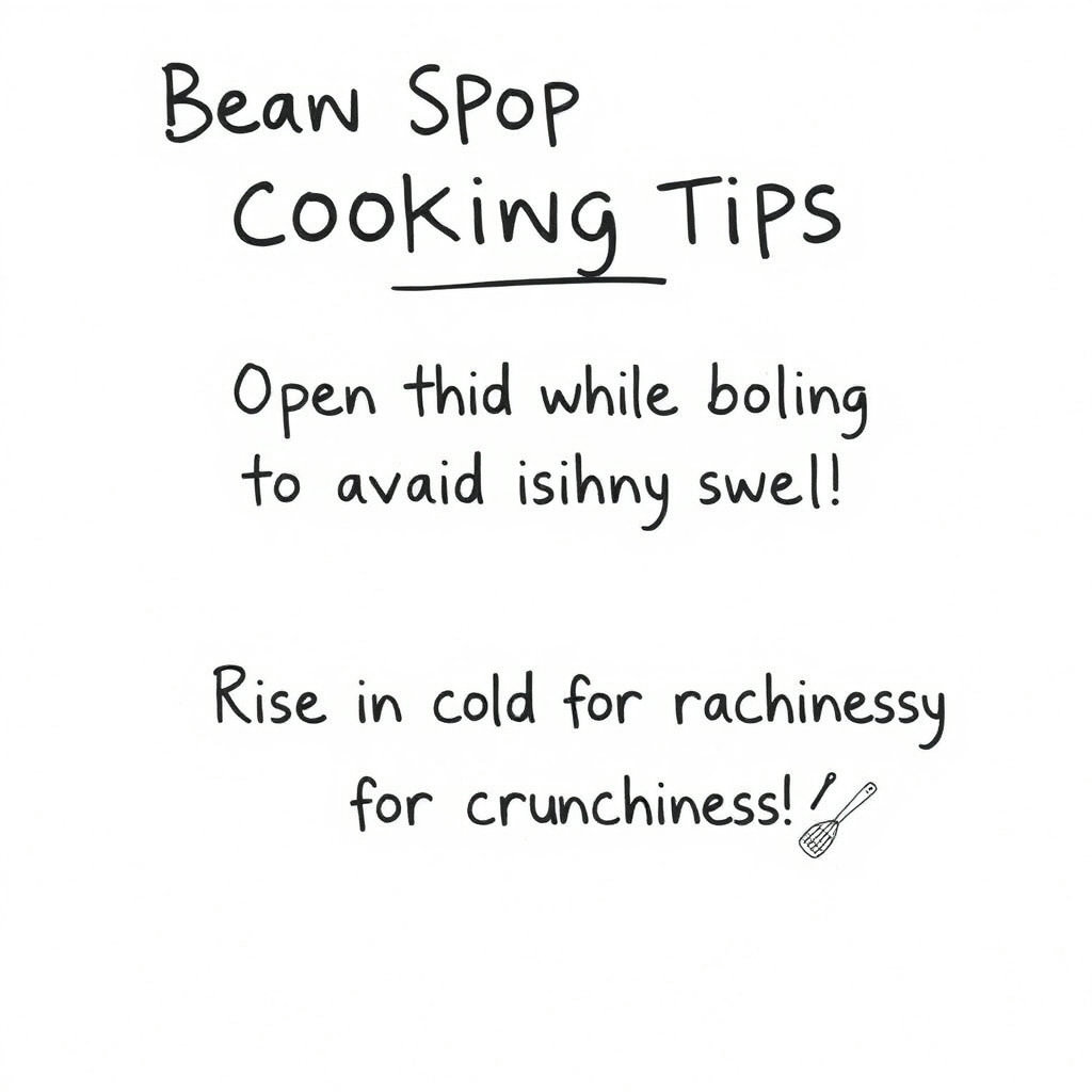 간단한 타이포그래피와 함께 "뚜껑 열고 삶아야 비린내 안 나요!", "찬물에 헹궈야 아삭해요!"와 같은 콩나물무침 조리 시 중요한 팁을 간결하게 제시합니다. 부드러운 파스텔톤 배경이나 요리 노트 스타일로 디자인하여 블로그 콘텐츠의 유용성을 강조합니다.