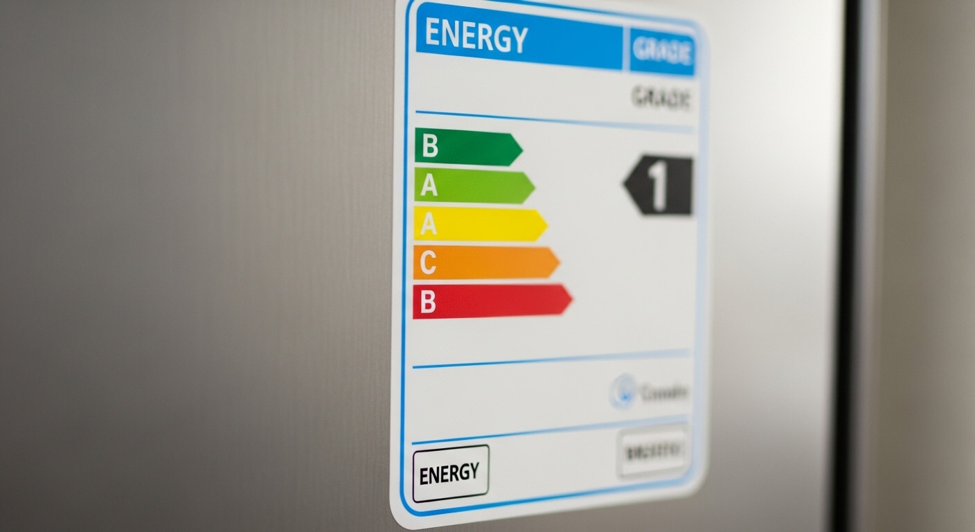 냉장고 문에 부착된 1등급 에너지효율 등급 라벨 클로즈업