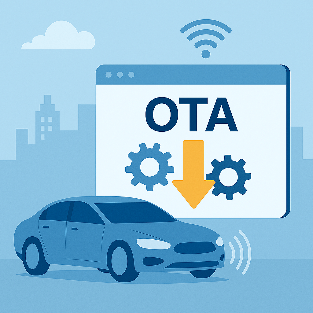 이 이미지는 자율주행차에 적용되는 OTA(Over-the-Air) 소프트웨어 업데이트의 개념을 시각적으로 표현한 인포그래픽 스타일의 일러스트입니다.