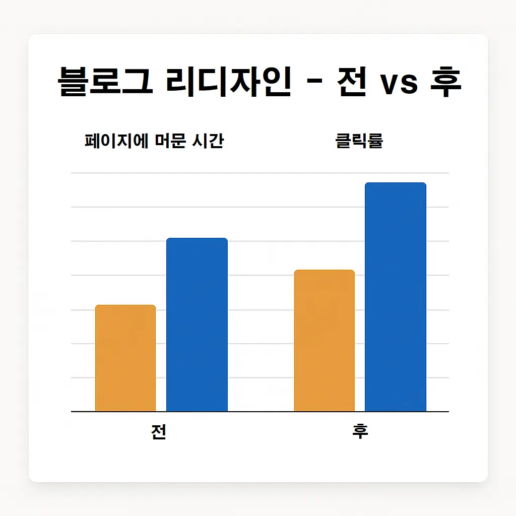 리디자인 전후 체류시간과 클릭률의 변화 그래프