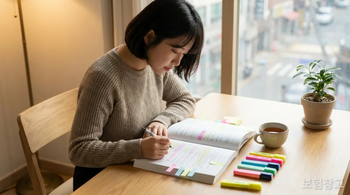 한국인 직장인이 보험 약관을 읽고 중요한 부분을 표시하는 모습