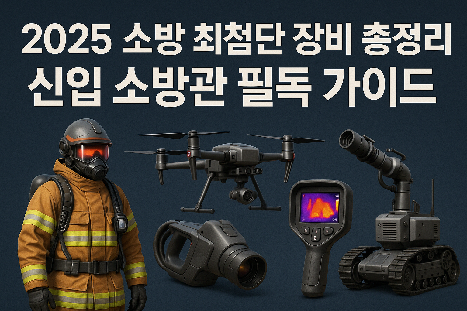 2025-소방-장비-가이드-이미지:-최첨단-방화복을-입은-소방관,-소방용-드론,-열화상-카메라,-소방-로봇이-나란히-배치된-하이테크-장비-소개-일러스트
