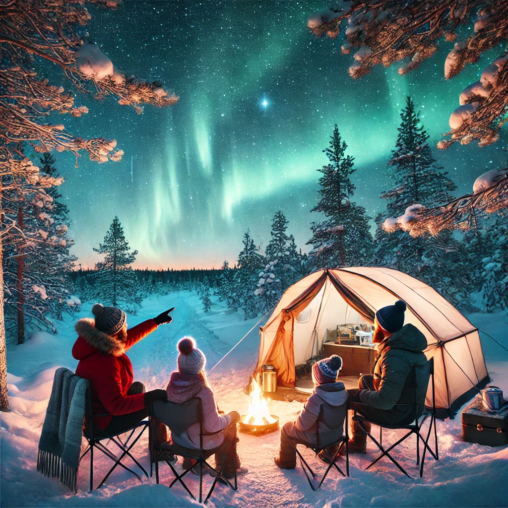 북유럽에서 겨울에 오로라를 보며 동계 캠핑을 즐기는 가족의 모습을 표현한 사진