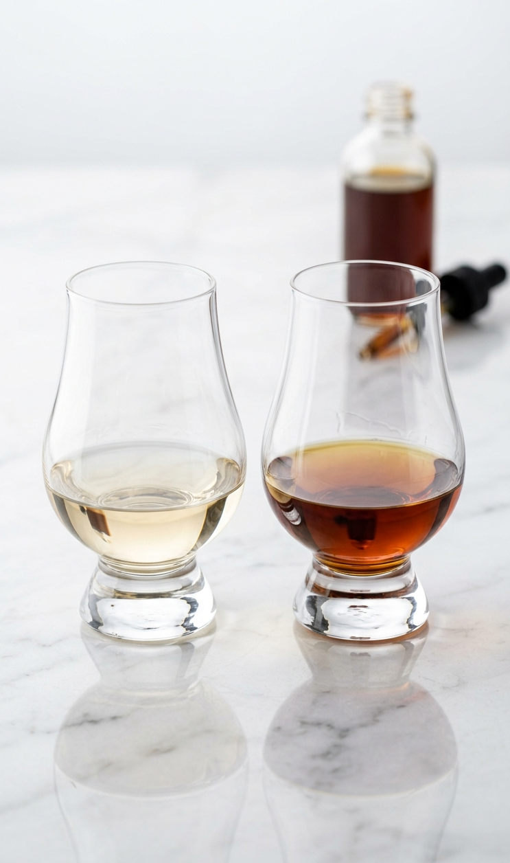 아주 밝은 황금빛의 내추럴 컬러 위스키와 인공적으로 진하게 조색된 짙은 호박색 위스키를 투명한 잔에 담아 대조시킨 세로형 이미지.