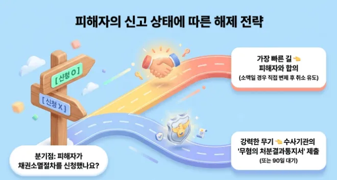피해자의 채권소멸절차 신청 여부에 따른 사기이용계좌 지급정지 해제 전략을 안내하는 인포그래픽입니다. 피해자가 채권소멸절차를 신청한 경우 가장 빠른 길은 피해자와 합의하여 소액 변제 후 취소를 유도하는 것이고, 신청하지 않은 경우 수사기관의 무혐의 처분결과통지서 제출이 강력한 해제 수단임을 갈림길 그래픽으로 표현합니다.