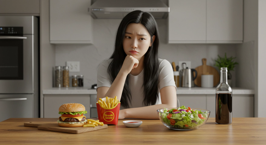 불량한 식습관과 건강한 식습관을 비교하는 한국인 여성