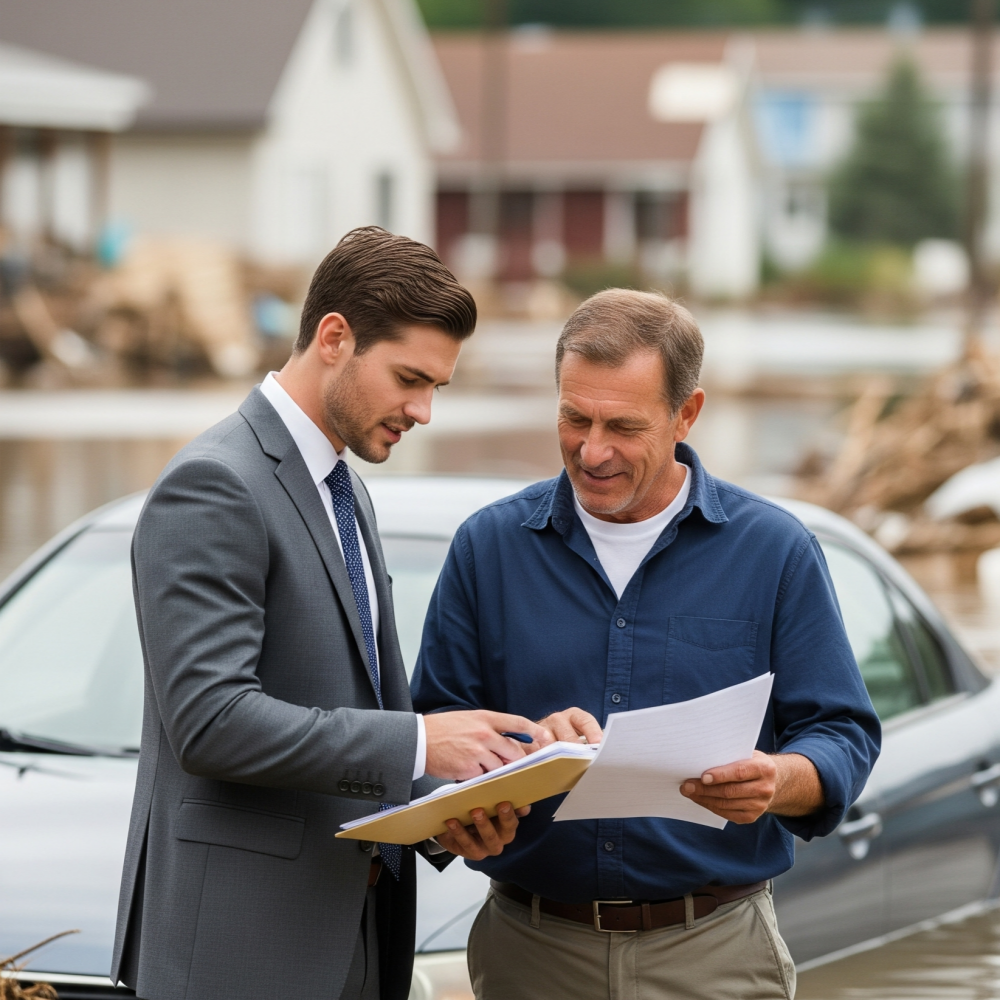 보험사 직원과 운전자가 침수차 앞에서 서류를 보며 이야기하는 모습