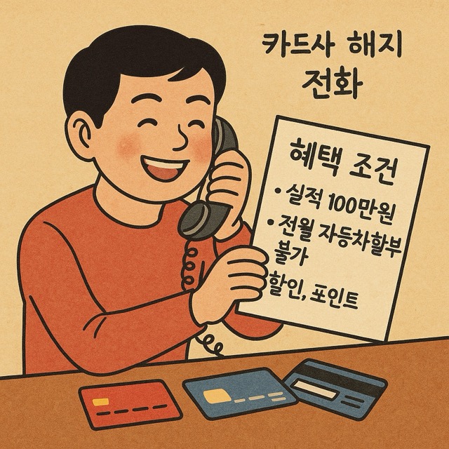 카드사에 해지 전화를 하며 혜택 조건을 정리하는 유쾌한 장면
