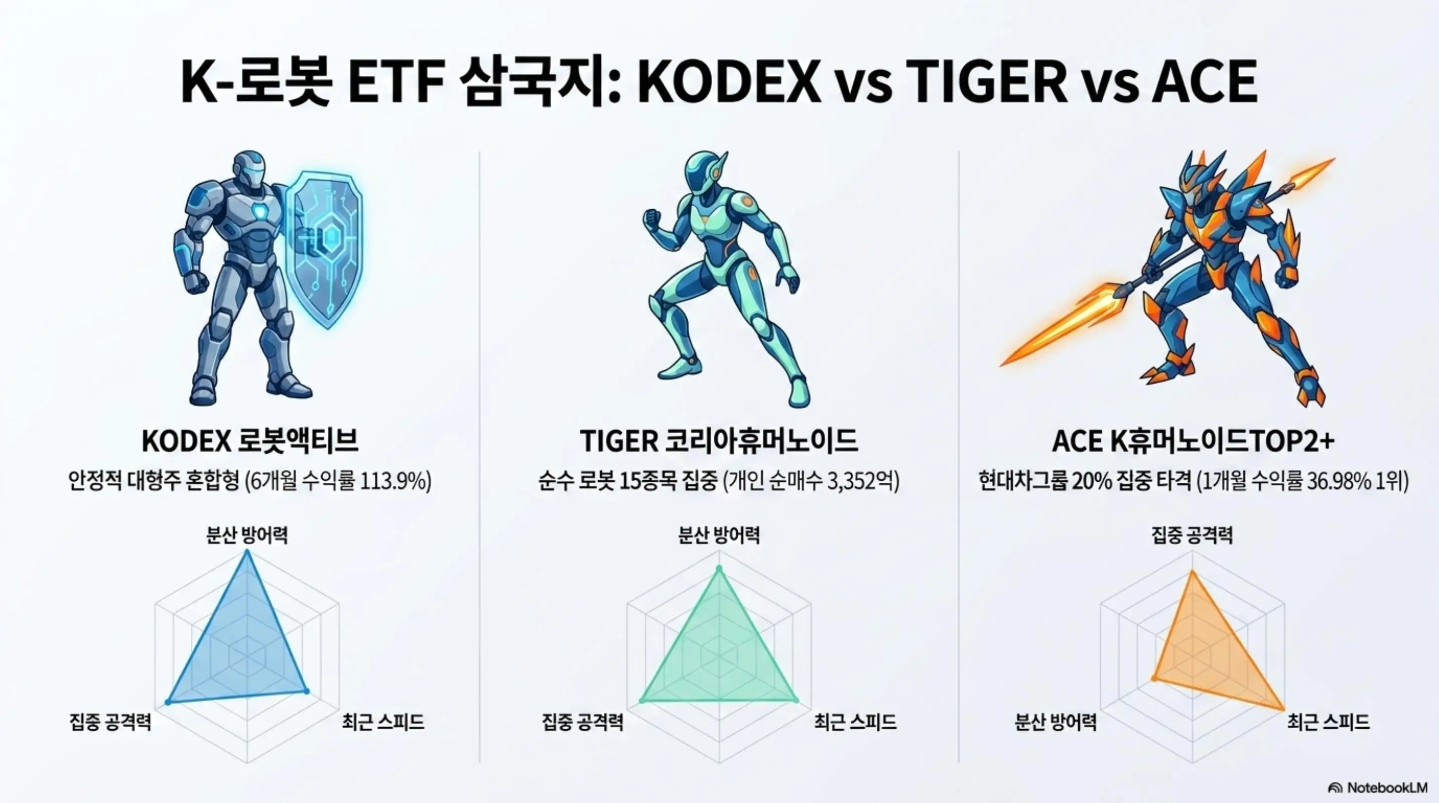 AI 로봇 ETF 비교: 국내 K-로봇 ETF 3종인 KODEX 로봇액티브와 TIGER 코리아휴머노이드 그리고 ACE K휴머노이드TOP2+의 투자 전략을 로봇 캐릭터와 레이더 차트로 비교한 인포그래픽으로 분산 방어력과 집중 공격력 및 수익률 스피드를 시각적으로 전달하는 이미지