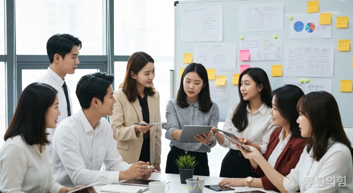 2026년 채용 시장 변화에 대해 토론하는 한국인 직장인들