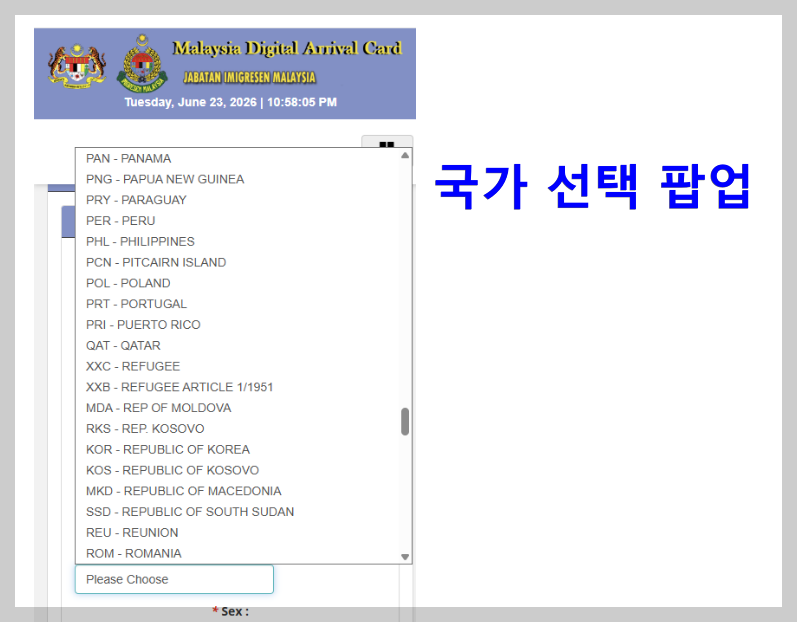 국가 리스트 팝업으로 뜬다. 