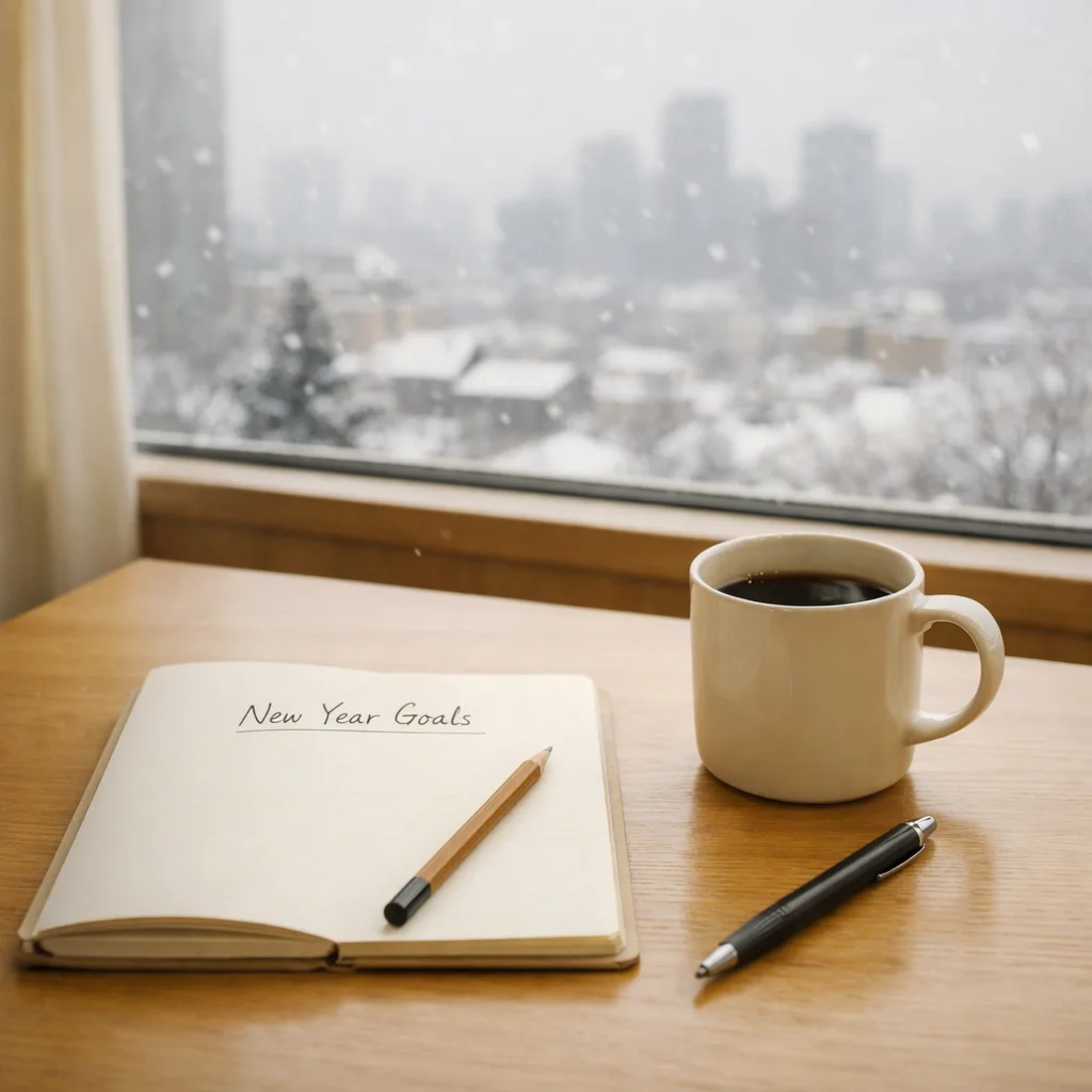 챗지피티 무료 이미지 생성, 눈 내리는 겨울 도시, 새해 다짐을 적는 노트와 커피, 따뜻한 감성, 미니멀 스타일, 1월 분위기