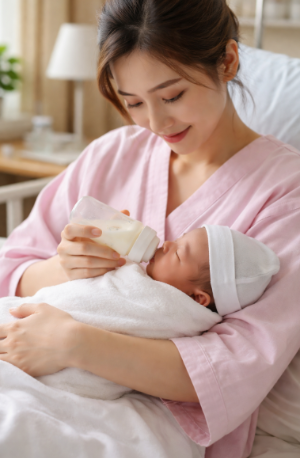 산모가 신생아에게 분유를 먹이는 모습, 산후조리원 수유 장면, 아기를 안고 젖병 수유하는 엄마 육아 이미지