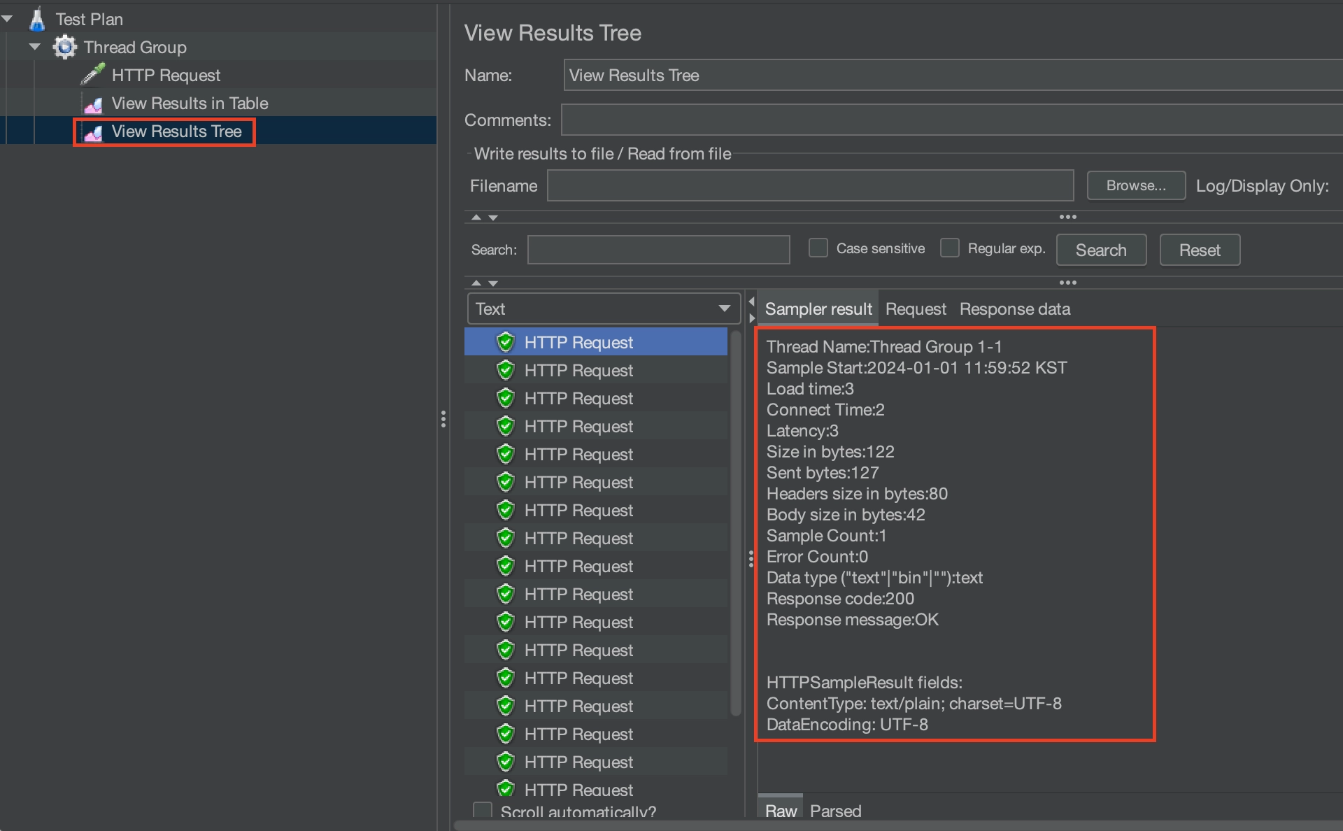 view results tree 리스너의 테스트 결과