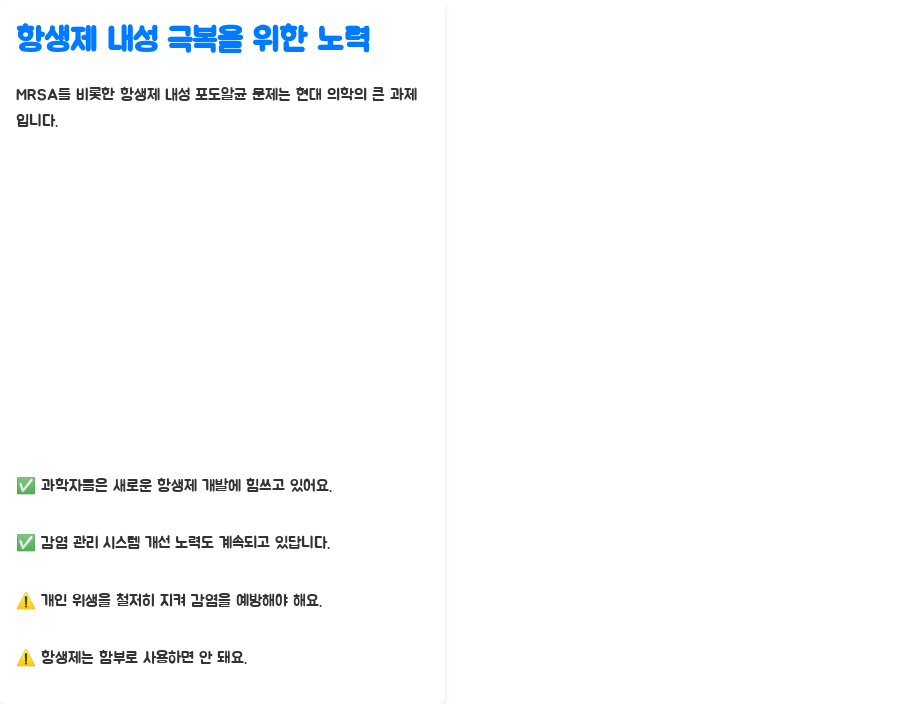 미생물학: 포도알균, 위험한 세균의 진실은? - 항생제 내성: 포도알균 감염 치료의 난관 - 항생제 내성 극복을 위한 노력 미생물학: 포도알균, 위험한 세균의 진실은? - 항생제 내성: 포도알균 감염 치료의 난관 - 항생제 내성 극복을 위한 노력