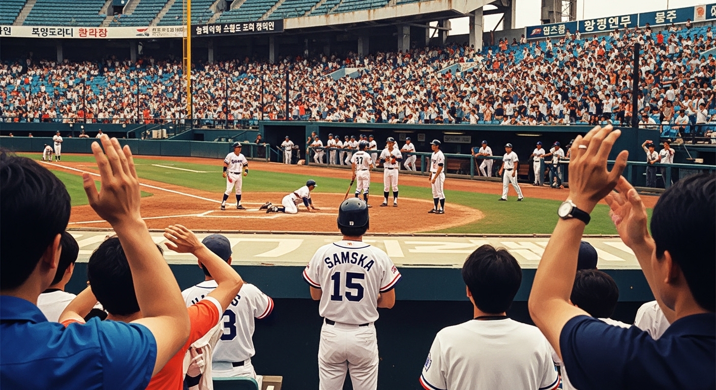 1980년대 초 인천 도원구장에서 열린 삼미 슈퍼스타즈 경기의 역동적인 장면. 선수들이 열정적으로 경기에 임하고 있으며, 관중들의 뜨거운 응원이 느껴지는 모습입니다.