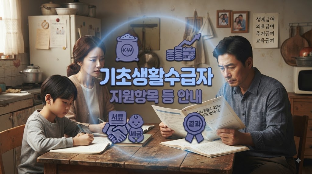생계가 어려운 가정의 모습, 수급자 지원 안내서를 보고 있는 모습