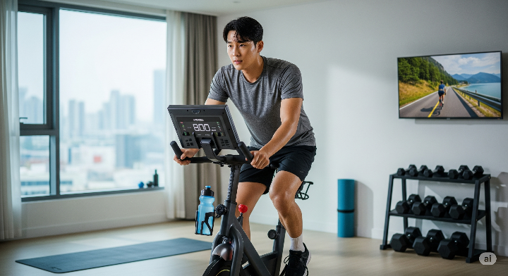남성이 실내 자전거를 타는 모습