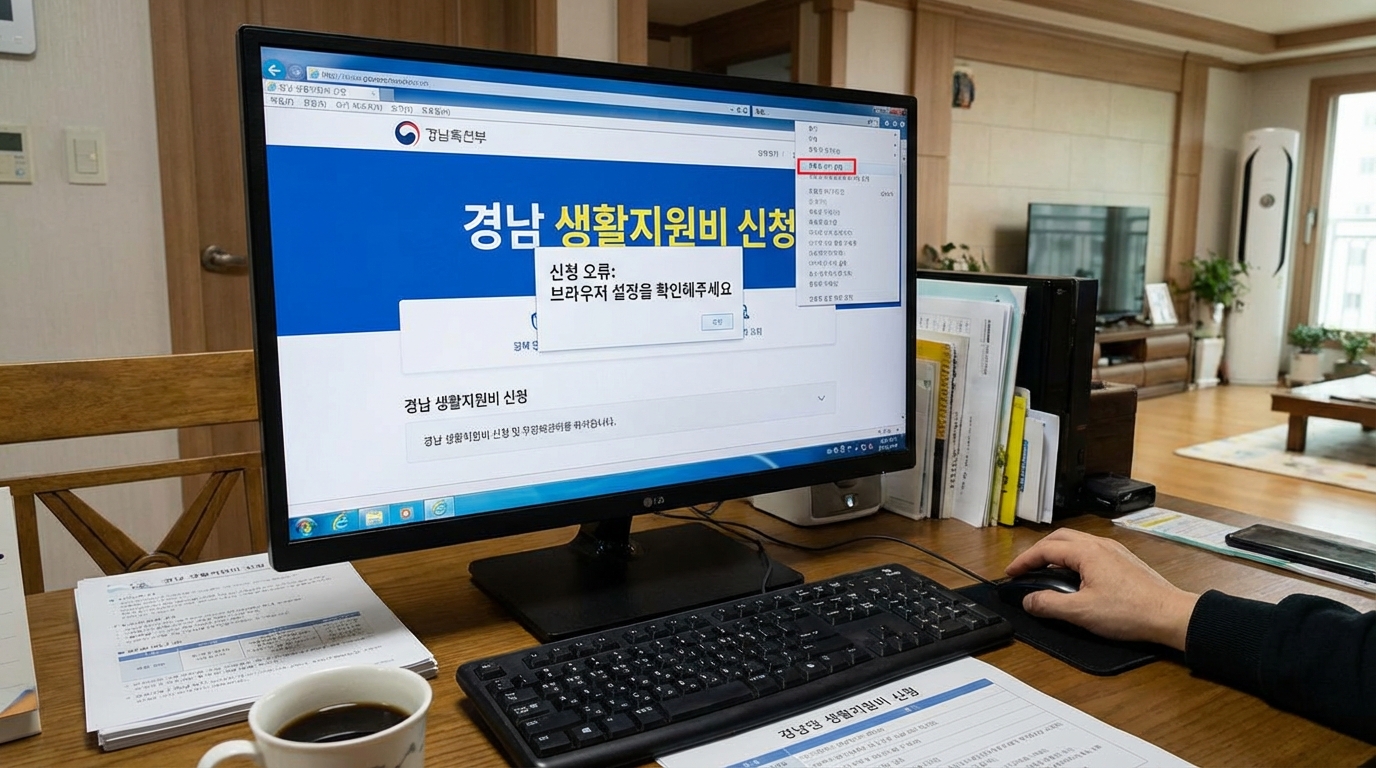 경남 생활지원금 신청 중 발생하는 전산 오류를 해결하기 위해 설정을 변경하는 모습