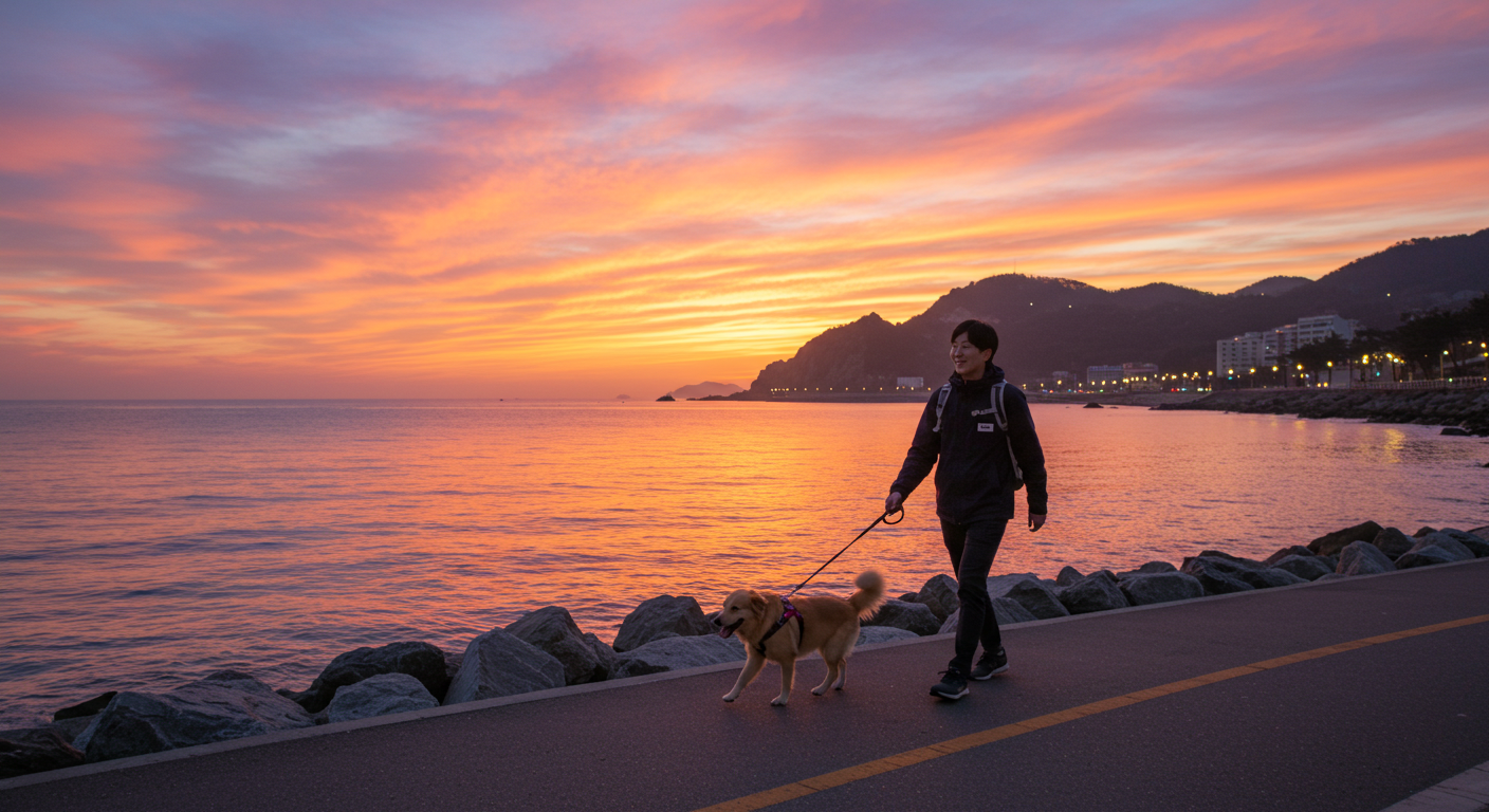 강릉 해변 산책로에서 노을을 보며 반려견과 걷는 한국인