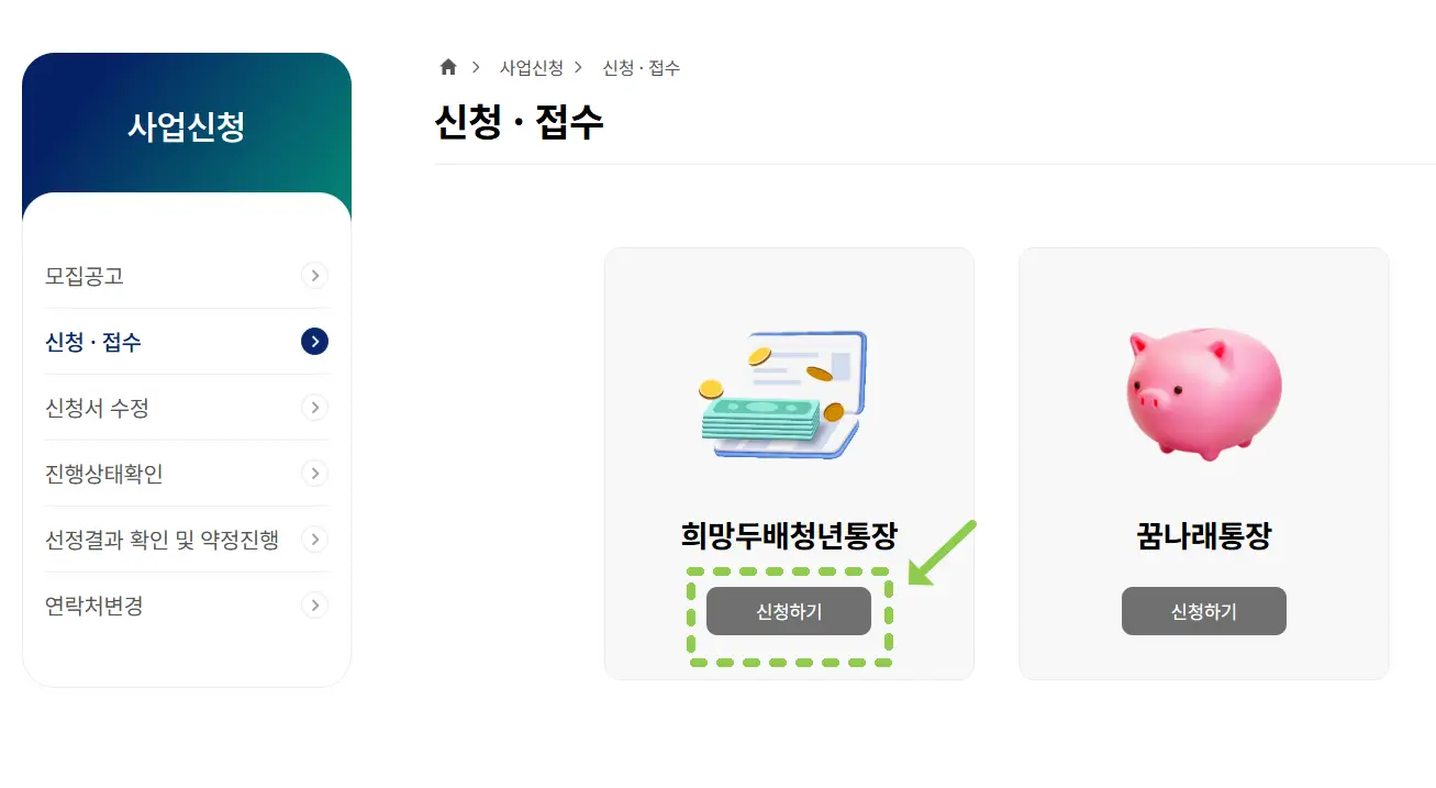 희망두배 청년통장 접수 단계