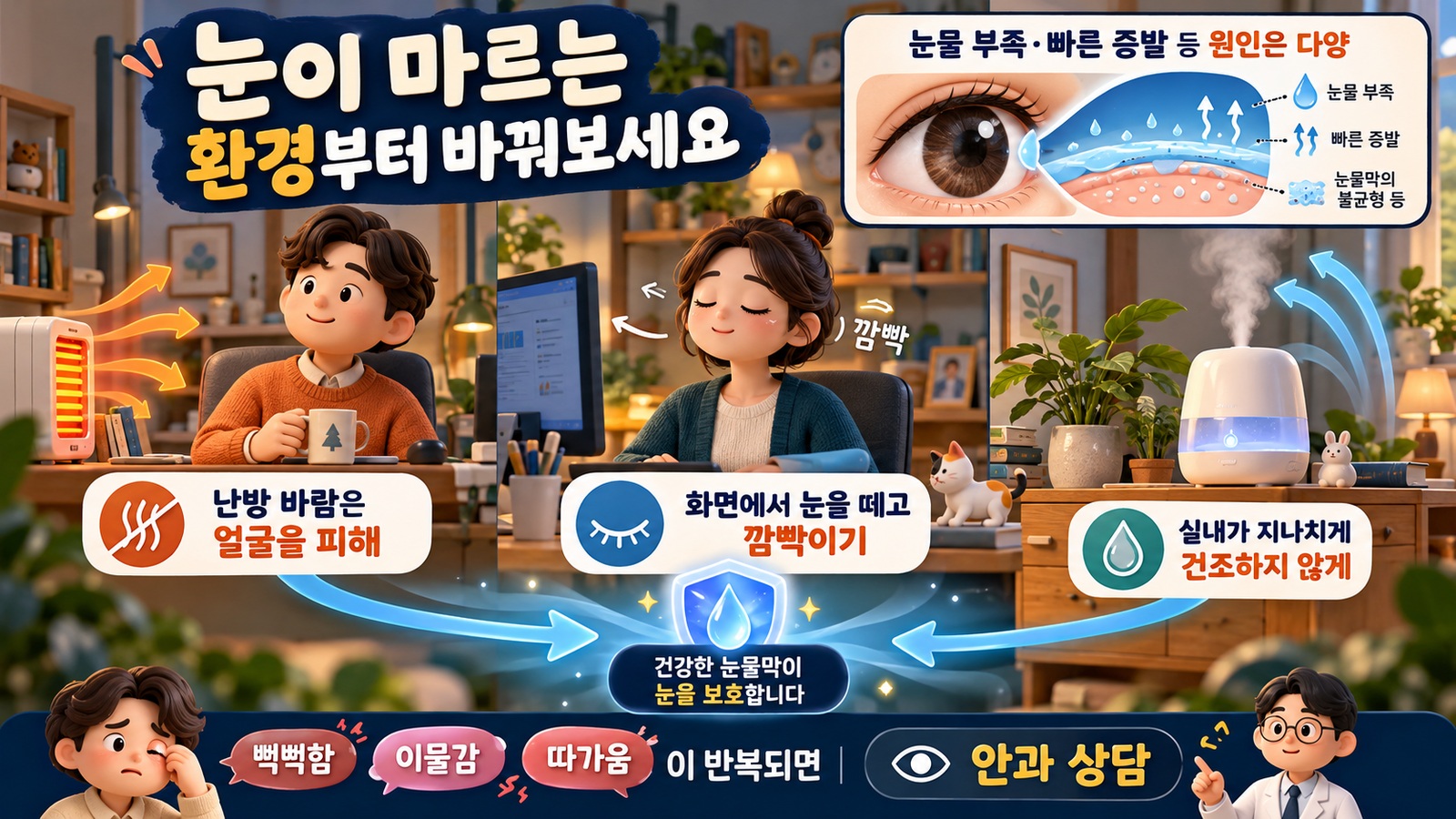 난방 바람을 얼굴에서 돌리고 화면에서 눈을 떼어 깜빡이며 지나치게 건조하지 않게 실내를 관리하는 방법을 나타낸 입체 일러스트 인포그래픽