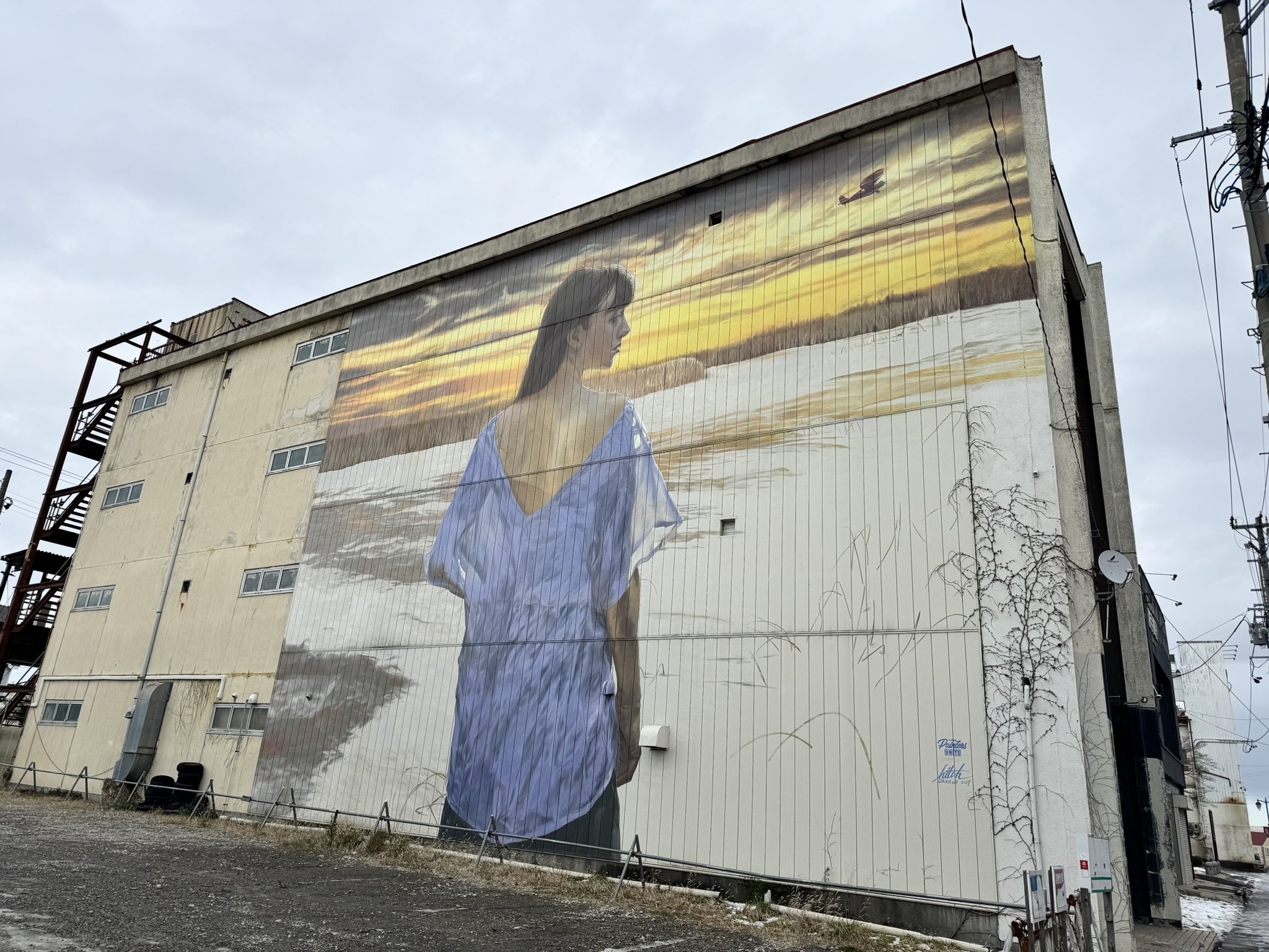 비행기와 노을 져무는 바다를 배경으로 한 여성이 그려진 미사와시 건물의 대형 벽화.