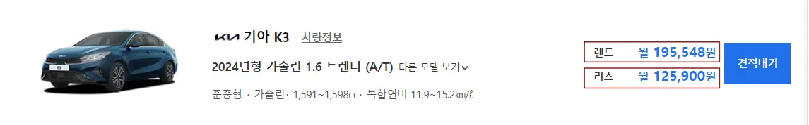 렌트카-
좌측 파란 승용차량 옆 검은글씨KIA 기아 K3 옆 회색작은글씨 차량정보 옆 검은글씨 렌트 파란글씨 월 195,548원
아래 검은글씨 리스 파란글씨 월125,900원 옆 파란큰네모 안 흰글씨 견적내기