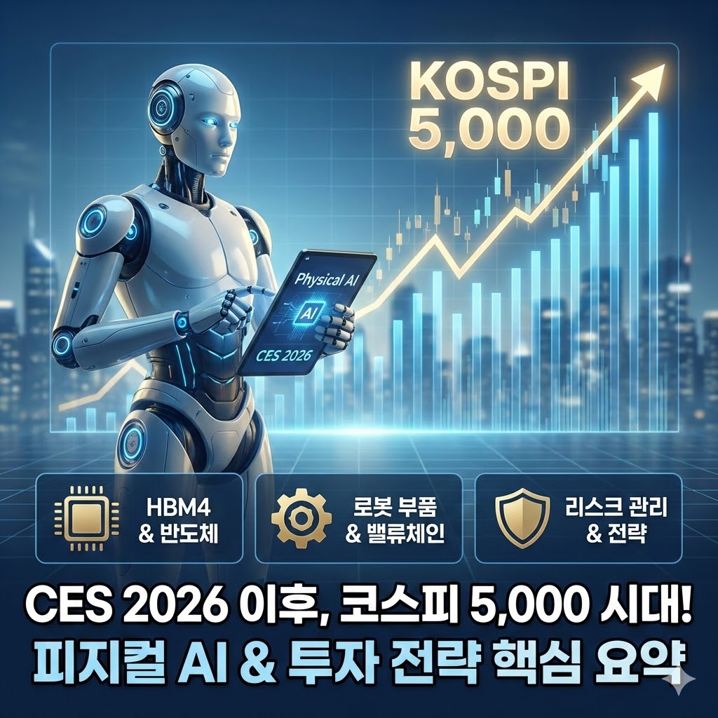 CES 2026 피지컬 AI 트렌드와 코스피 5,000 시대 개막을 상징하는 휴머노이드 로봇 및 우상향 주식 차트 그래픽. 하단에는 HBM4 반도체, 로봇 부품 밸류체인, 리스크 관리 등 핵심 투자 전략 요약이 아이콘과 함께 텍스트로 정리되어 있는 블로그 썸네일 이미지