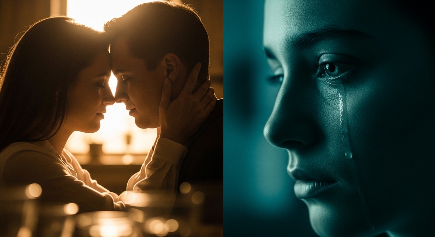 로맨스와 멜로드라마의 감동을 표현한 이미지, 사랑하는 연인의 모습과 슬픔에 잠긴 인물의 복합적인 감정.