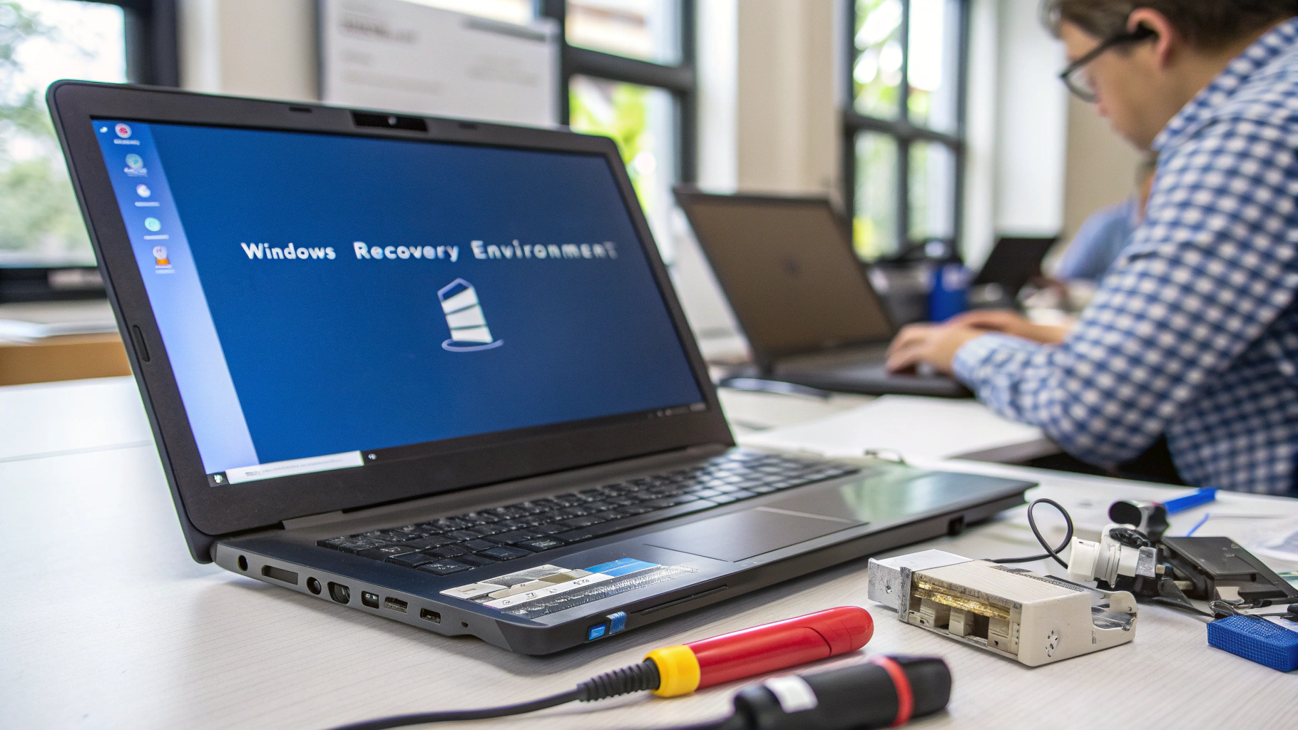 책상 위 노트북 화면에 'Windows Recovery Environment'라는 문구와 복구 환경 로고가 표시되어 있으며, 시스템 복구 또는 유지보수 중인 상황을 나타냄. 주변에는 드라이버, 하드디스크, 전자 부품 등 IT 수리 도구들이 놓여 있고, 뒷편에서는 체크무늬 셔츠를 입은 사용자가 다른 노트북을 조작 중인 모습. 실내에는 창문을 통해 자연광이 들어오며, 기술적인 작업이 이뤄지는 실습 환경처럼 보임