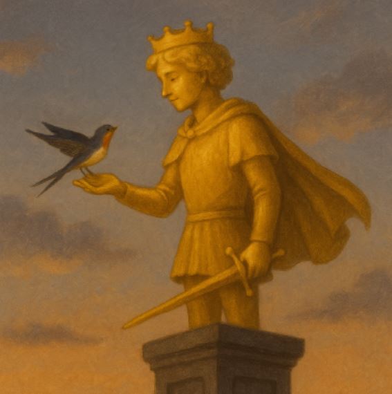 황금빛 갑옷을 입은 행복한 왕자 동상이 높은 받침대 위에 서 있으며, 부드럽게 미소 짓는 얼굴로 손을 내밀고 있다. 그의 손 위에는 작은 제비가 앉아 있다.